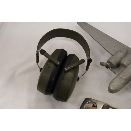 214 - FIVE VINTAGE WAR ITEMS TO INCLUDE PILOT GOGGLES, HEADPHONES, PLANE, BELT AND BINOCULARS