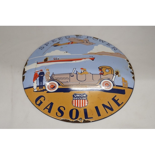 216 - AN ENAMEL UNION GASOLINE SIGN, DIAMETER 30CM