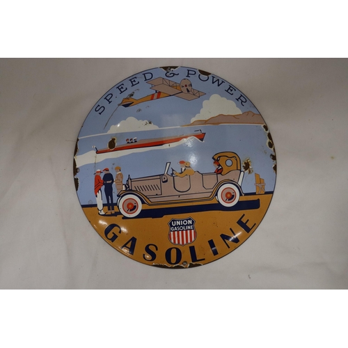 216 - AN ENAMEL UNION GASOLINE SIGN, DIAMETER 30CM