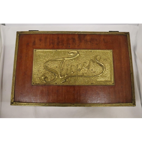 224 - A WOOD AND BRASS VINTAGE SLIPPERS BOX