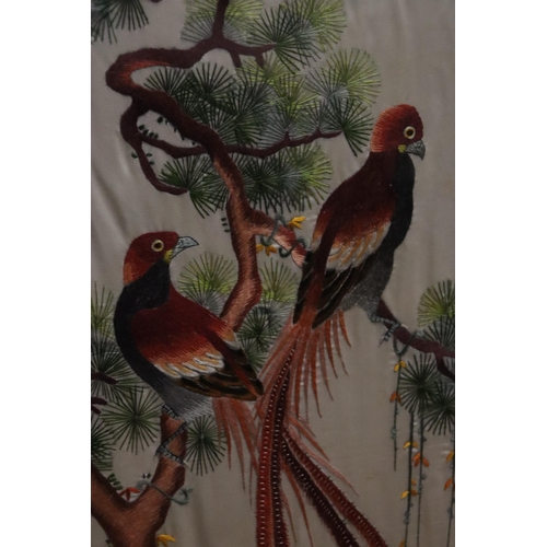 294 - A LARGE VINTAGE EMBROIDERED ORIENTAL SILK, FRAMED, 50CM X 78CM