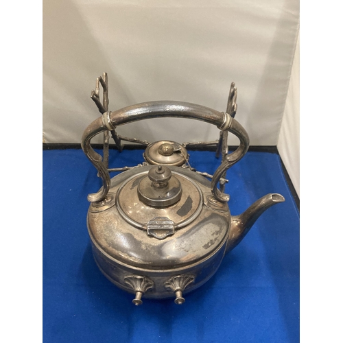 11 - A SILVER PLATED SPIRIT KETTLE WITH FRAME AND BURNER