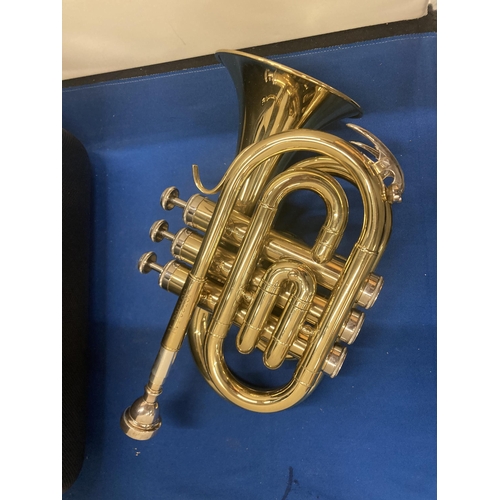 14 - A JOHN SCHEERER & SON PRIMO POCKET TRUMPET WITH CASE