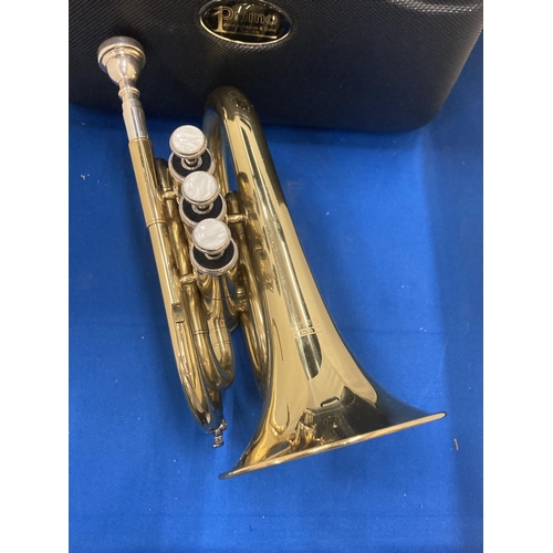 14 - A JOHN SCHEERER & SON PRIMO POCKET TRUMPET WITH CASE