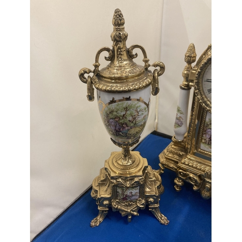 22 - AN ROBERT GRANT OF LONDON ORNATE BRASS CLOCK WITH CERAMIC PILLARS AND INSERT OF A COURTING COUPLE CO... 