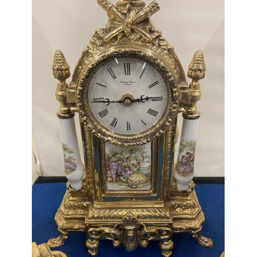 22 - AN ROBERT GRANT OF LONDON ORNATE BRASS CLOCK WITH CERAMIC PILLARS AND INSERT OF A COURTING COUPLE CO... 