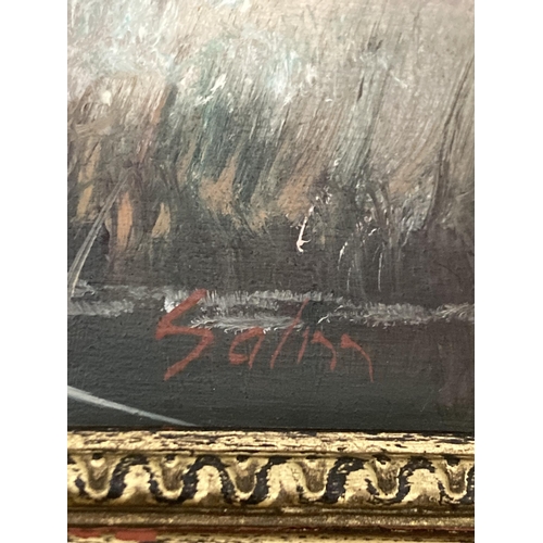 43 - A GILT FRAMED OIL ON BOARD OF AN ORIENTAL SCENE SIGNED TO LOWER RIGHT CORNER