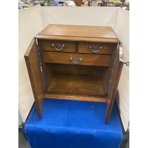 44 - A WEBB AND SON PLYMOUTH EXETER  OAK STATIONARY CABINET WITH THREE INTERIOR DRAWERS ENCLOSED WITH DOU... 