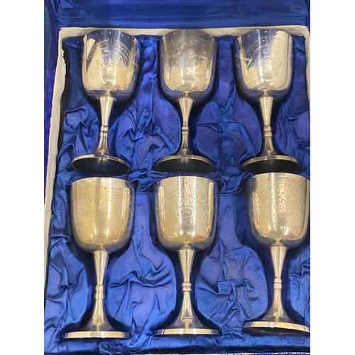 45 - A SET OF SIX SILVER PLATED GOBLETS IN A PRESENTATION BOX