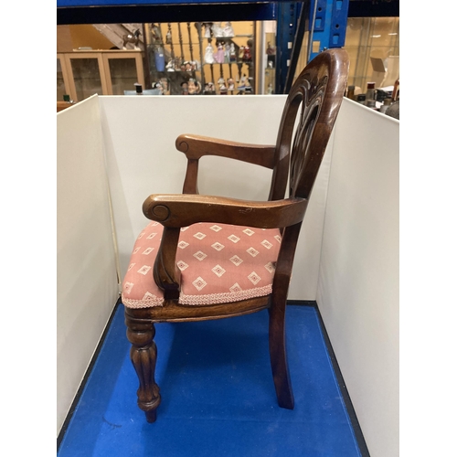 53 - A VICTORIAN UPHOLSTERED CARVER DOLLS CHAIR