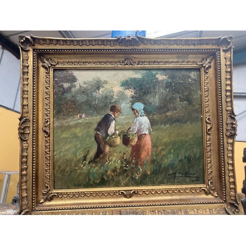 58 - A GILT FRAMED OIL ON BOARD OF TWO CHILDREN BY A RIVER SIGNED 29.5CM X 23CM