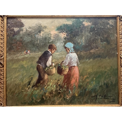 58 - A GILT FRAMED OIL ON BOARD OF TWO CHILDREN BY A RIVER SIGNED 29.5CM X 23CM