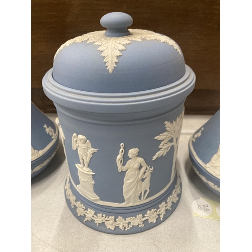 912 - A LARGE QUANTITY OF WEDGWOOD JASPERWARE TO INCLUDE A TOBACCO JAR, VASES, TRINKET BOXES, PIN DISHES, ... 