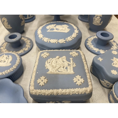 912 - A LARGE QUANTITY OF WEDGWOOD JASPERWARE TO INCLUDE A TOBACCO JAR, VASES, TRINKET BOXES, PIN DISHES, ... 