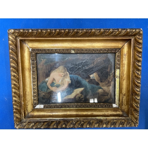 73 - A MINIATURE GILT FRAMED OIL ON BAORD OF GIRL READING 9CM X 15CM