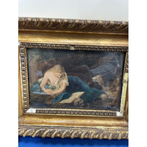 73 - A MINIATURE GILT FRAMED OIL ON BAORD OF GIRL READING 9CM X 15CM