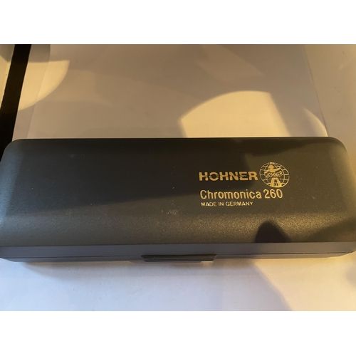 A HOHNER CHROMONICA 260 HARMONICA WITH ORIGINAL CASE