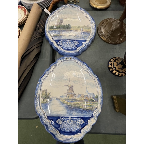 84 - TWO LARGE DELFT WALL PLAQUES WITH WINDMILL SCENES