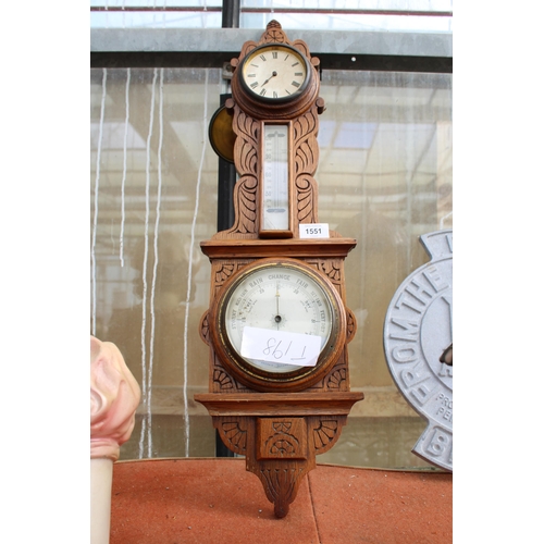 1551 - A VINTAGE OAK CASED WALL BAROMETER