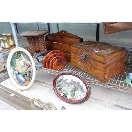 1584 - AN ASSORTMENT OF ITEMS TO INCLUDE AN OAK LETTER STAND, A SMALL STOOL AND A FLAT IRON ETC