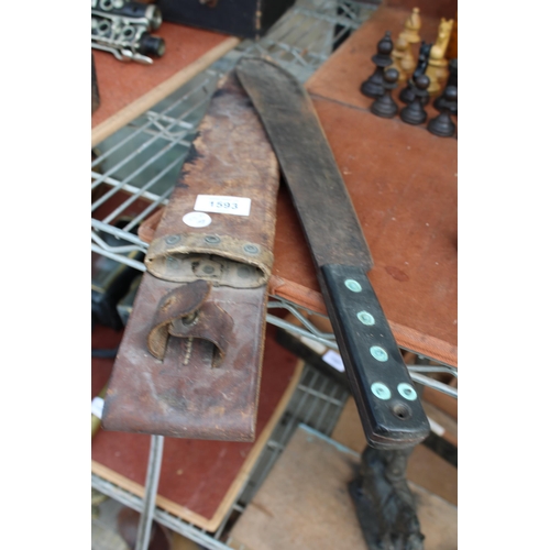 1593 - A VINTAGE MACHETTE WITH LEATHER SHEATH