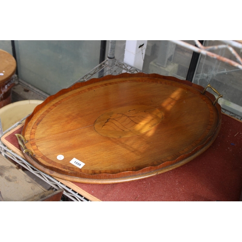 1599 - A LARGE VINTAGE MAHOGANY INLAID TRAY WITH TWIN BRASS HANDLES