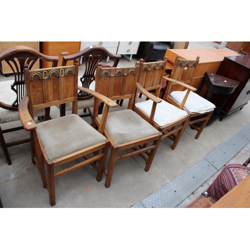 2617 - FOUR JAMES PHILLIPS AND SON OAK ARTS AND CRAFTS STYLE CHAIRS TWO BEING CARVERS