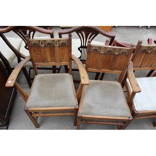 2617 - FOUR JAMES PHILLIPS AND SON OAK ARTS AND CRAFTS STYLE CHAIRS TWO BEING CARVERS