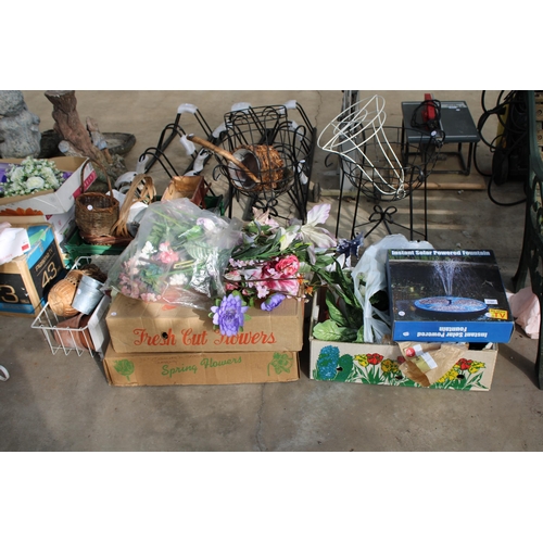 1791 - A LARGE ASSORTMENT OF GARDEN ITEMS TO INCLUDE METAL PLANT BASKETS, ARTIFICIAL FLOWERS AND WICKER BAS... 