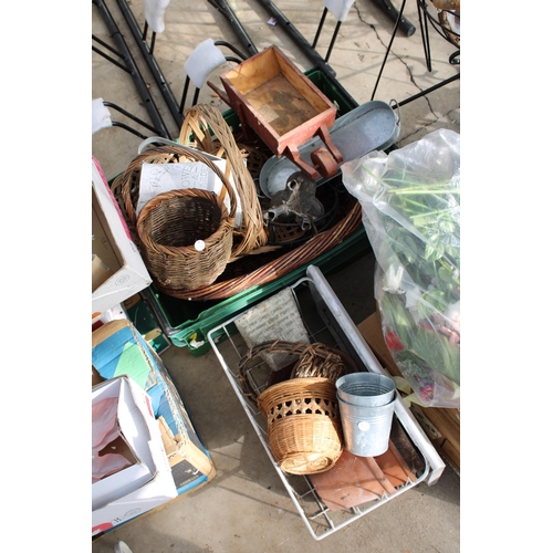 1791 - A LARGE ASSORTMENT OF GARDEN ITEMS TO INCLUDE METAL PLANT BASKETS, ARTIFICIAL FLOWERS AND WICKER BAS... 