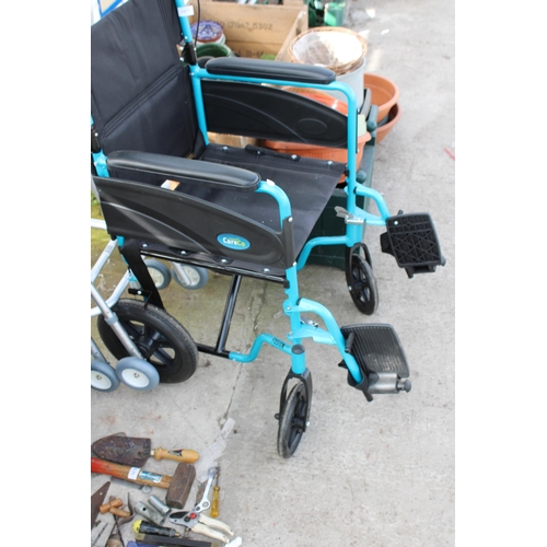 1877 - A CARECO FOLDING WHEEL CHAIR AND TWO WALKING FRAMES