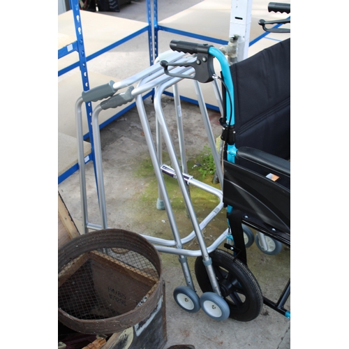 1877 - A CARECO FOLDING WHEEL CHAIR AND TWO WALKING FRAMES