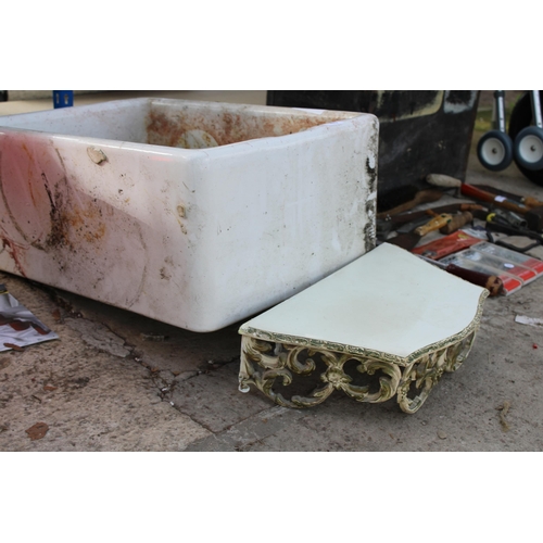 1879 - A WHITE BELFAST SINK AND A DECORATIVE WOODEN WALL SHELF