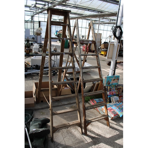 1886 - A VINTAGE 8 RUNG WOODEN STEP LADDER AND A FURTHER SIX RUNG WOODEN STEP LADDER