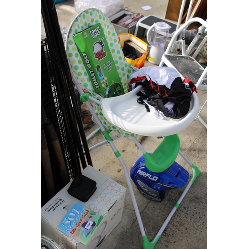 1891 - AN ASSORTMENT OF ITEMS TO INCLUDE A DOG CRATE, A HIGH CHAIR AND GARDEN SHEARS ETC