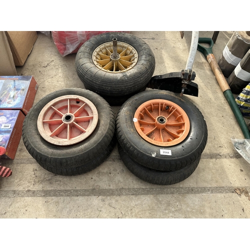 2044 - SIX VARIOUS WHEEL BARROW WHEELS AND TYRES