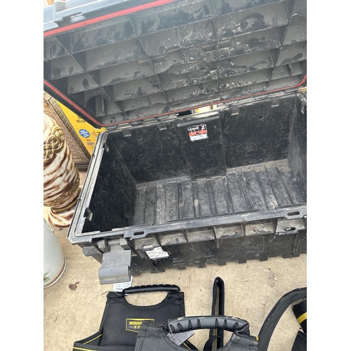 2055 - A LARGE PLASTIC TOOL BOX, TOOL BAGS AND A HARNESS ETC