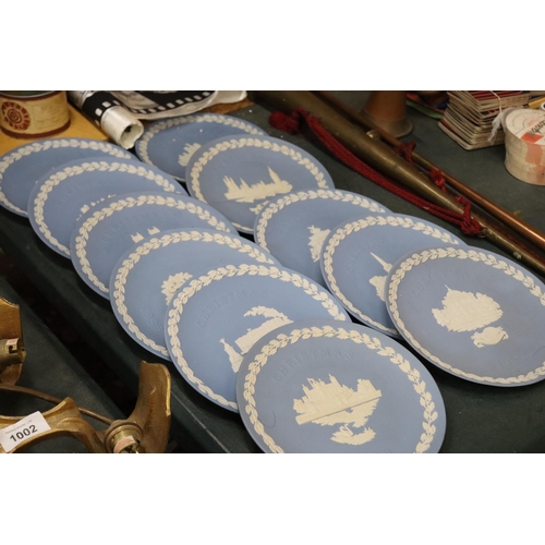 1001 - A COLLECTION OF POWDER BLUE WEDGWOOD JASPERWARE CABINET PLATES PLUS STANDS - 11 IN TOTAL