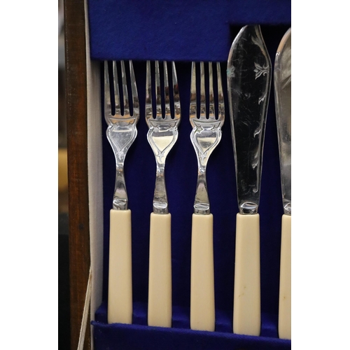 1005 - A VINTAGE CANTEEN OF CUTLERY IN A MAHOGANY CASE WITH BOTTOM DRAWER