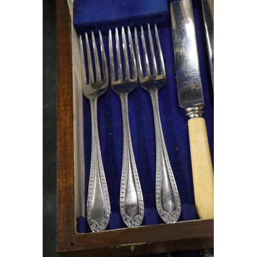 1005 - A VINTAGE CANTEEN OF CUTLERY IN A MAHOGANY CASE WITH BOTTOM DRAWER