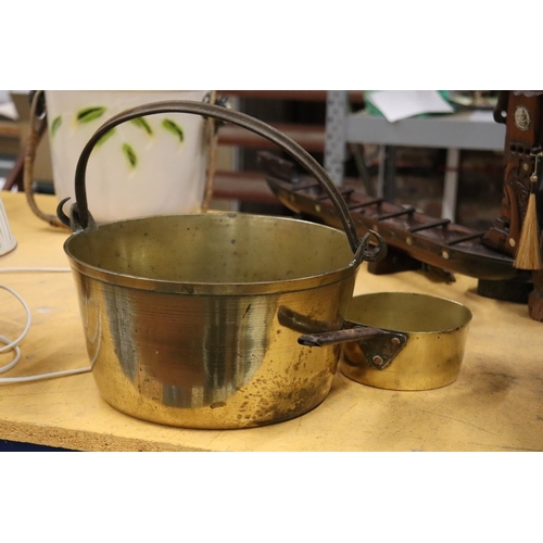 908 - A BRASS JAM PAN AND A SMALL SAUCEPAN