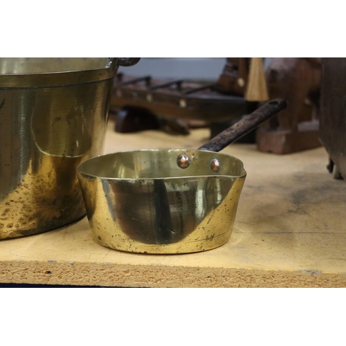 908 - A BRASS JAM PAN AND A SMALL SAUCEPAN