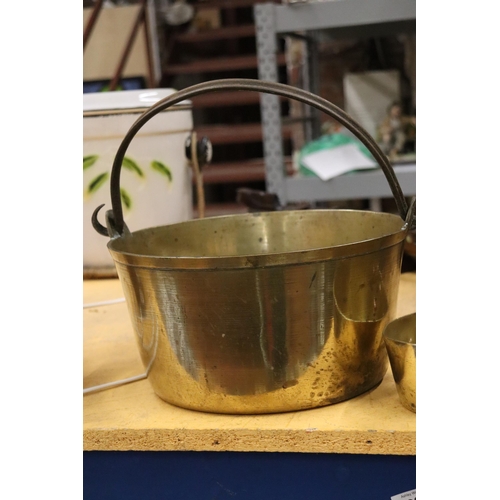 908 - A BRASS JAM PAN AND A SMALL SAUCEPAN