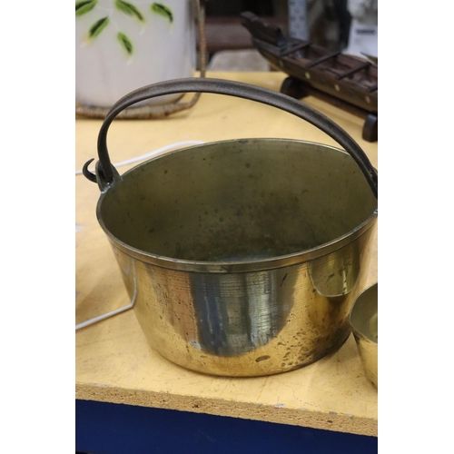 908 - A BRASS JAM PAN AND A SMALL SAUCEPAN