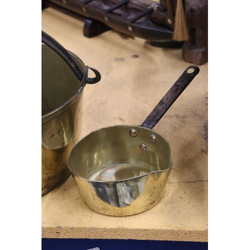 908 - A BRASS JAM PAN AND A SMALL SAUCEPAN