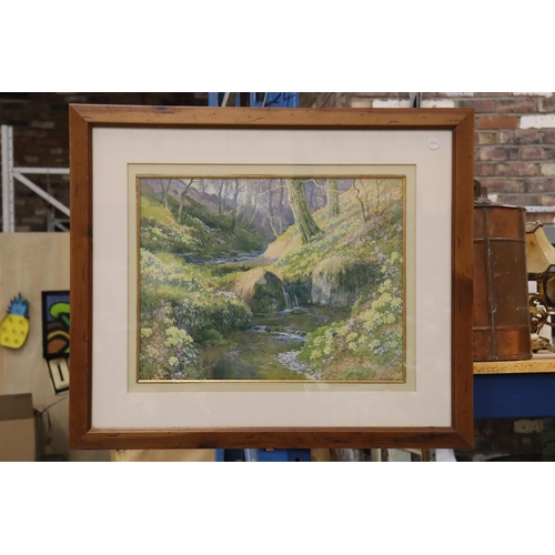 911 - A PRINT OF A RIVERSIDE SETTING, FRAMED, 67CM X 57CM