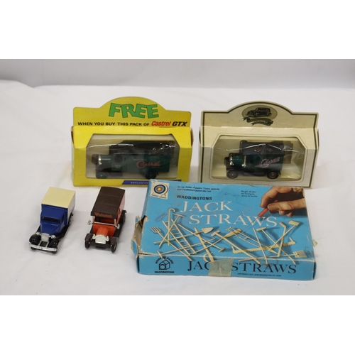 986 - FOUR DIE-CAST ADVERTISING VANS PLUS A WADDINGTON'S JACK STRAWS GAME