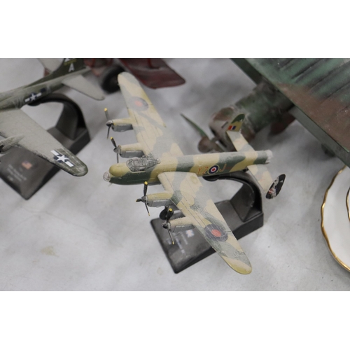 989 - FOUR AEROPLANE MODELS TO INCLUDE TWO TIN PLATE PLUS AN AVRO LANCASTER AND A 1944 BOEING B-17F FLYING... 