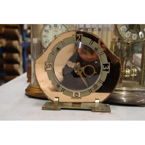 993 - TWO VINTAGE ANNIVERSARY CLOCKS IN DOMES PLUS A MANTLE CLOCK