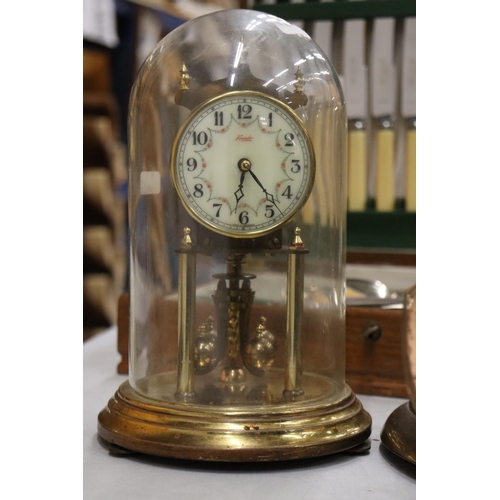 993 - TWO VINTAGE ANNIVERSARY CLOCKS IN DOMES PLUS A MANTLE CLOCK